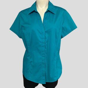 Riders By Lee Turquoise Short Sleeve Buttons Down Fitted Stretch Shirt